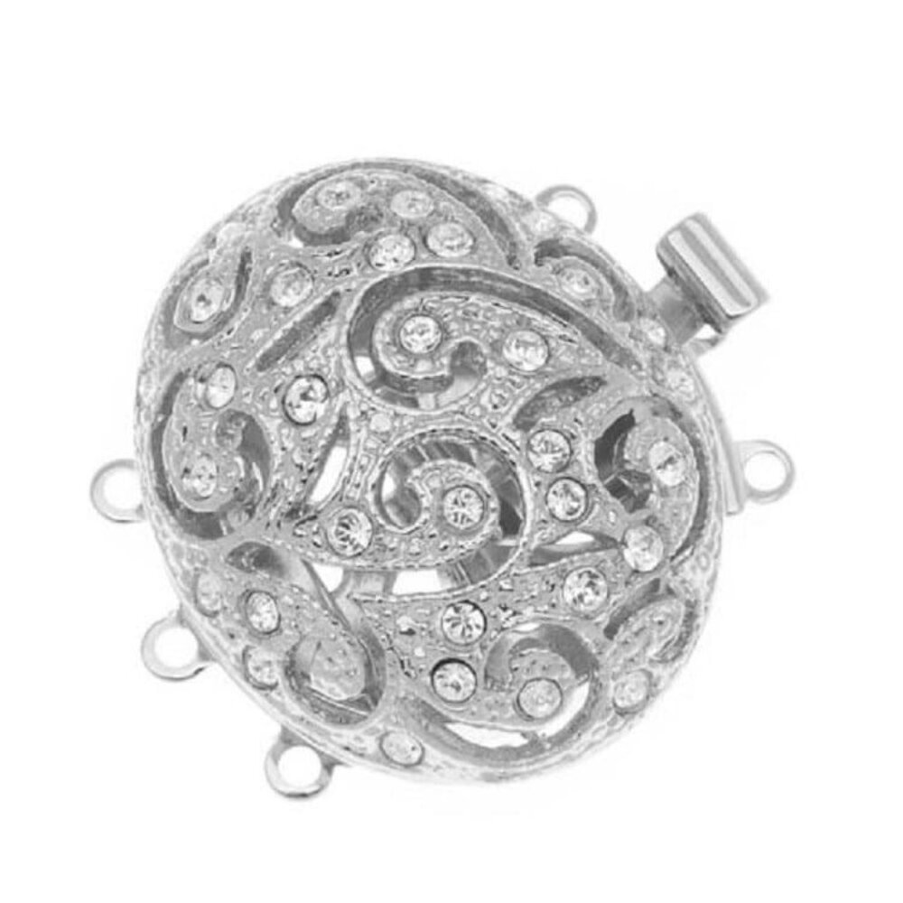 Rhodium Plated Filigree Box Clasp with Swarovski Crystals, 3-Strand (28x19mm)